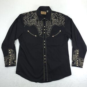 Scully Embroidered Black Gold Floral Pearl Snap Rodeo Mens Shirt Size L Vintage